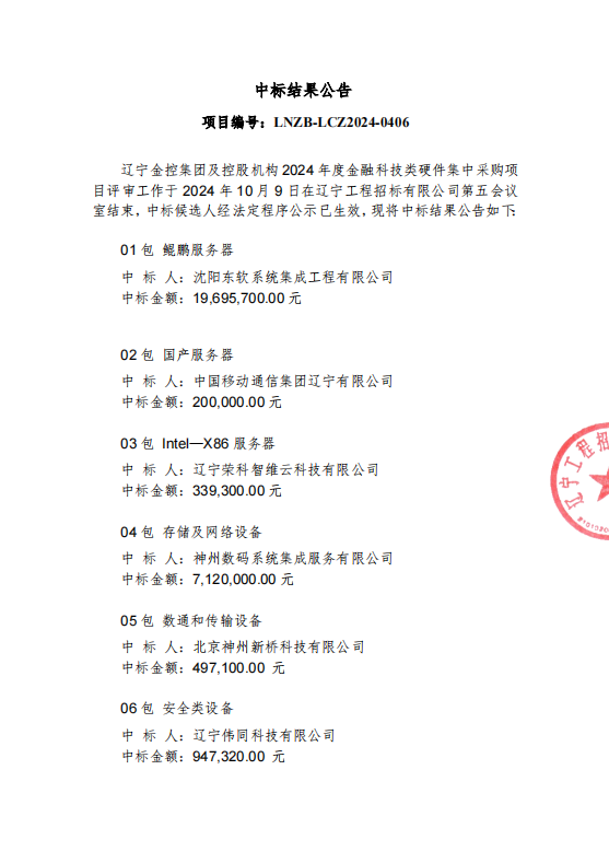 辽宁365英国上市集团及控股机构2024年度金融科技类硬件集中采购项目结果公告